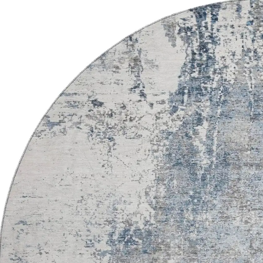 8' Blue And Ivory Abstract Washable Round Rug With UV Protection Photo 3