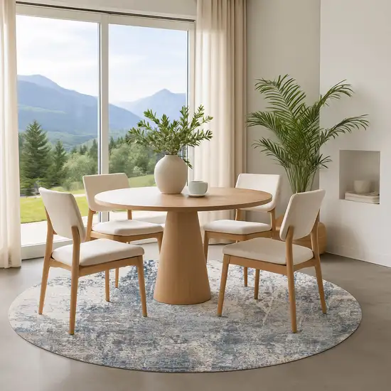 8' Blue And Ivory Abstract Washable Round Rug With UV Protection Photo 4