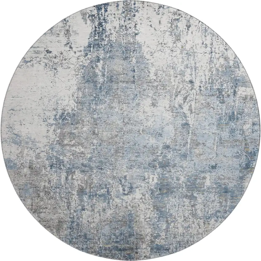 8' Blue And Ivory Abstract Washable Round Rug With UV Protection Photo 1