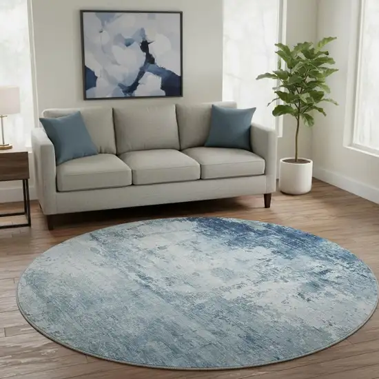 8' Blue And Ivory Abstract Washable Round Rug With UV Protection Photo 2