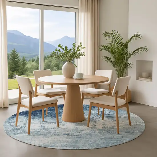 8' Blue And Ivory Abstract Washable Round Rug With UV Protection Photo 4