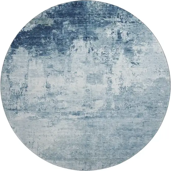 8' Blue And Ivory Abstract Washable Round Rug With UV Protection Photo 1