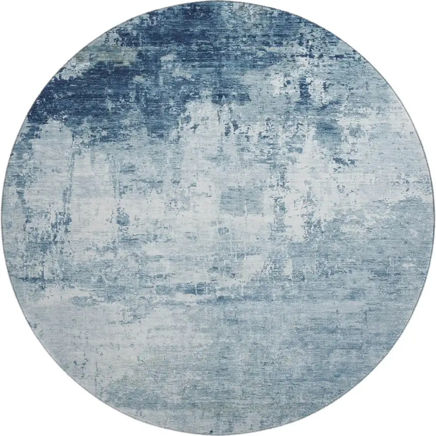 8' Blue And Ivory Abstract Washable Round Rug With UV Protection Photo 1