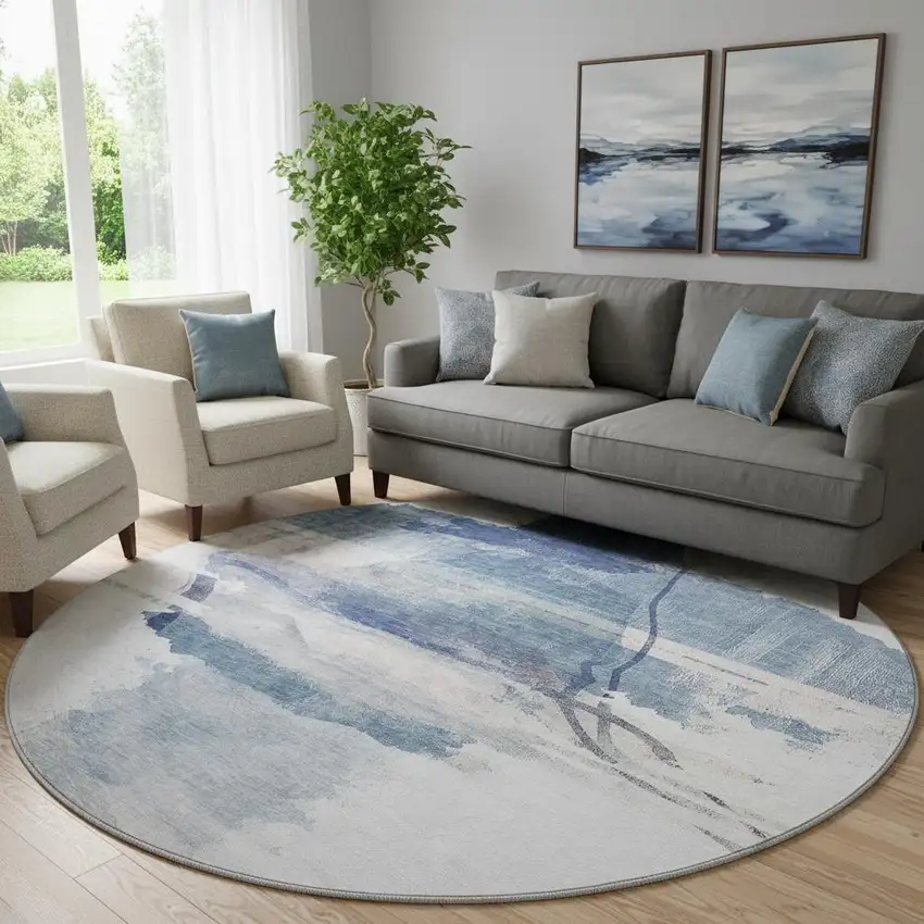 8' Blue And Ivory Abstract Washable Round Rug With UV Protection Photo 2