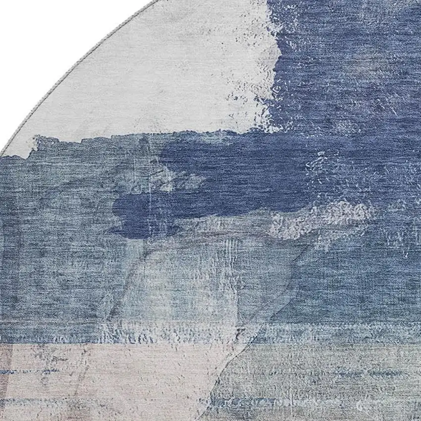 8' Blue And Ivory Abstract Washable Round Rug With UV Protection Photo 3