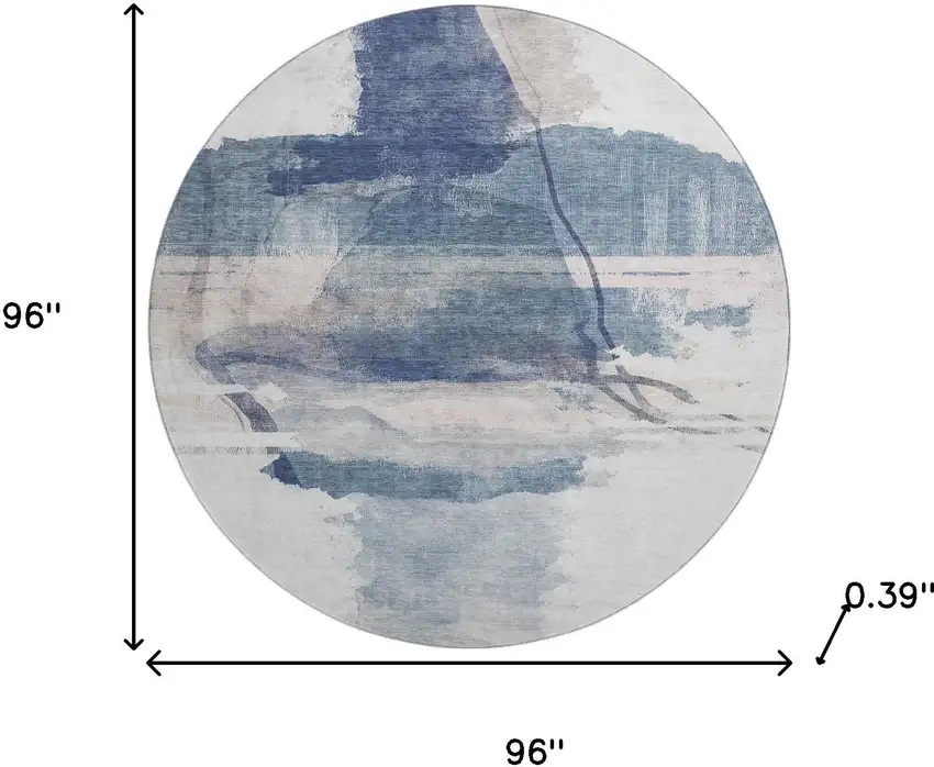 8' Blue And Ivory Abstract Washable Round Rug With UV Protection Photo 8