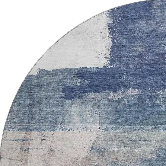 8' Blue And Ivory Abstract Washable Round Rug With UV Protection Photo 4