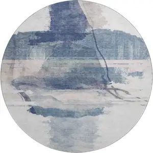 Photo of 8' Blue And Ivory Abstract Washable Round Rug With UV Protection