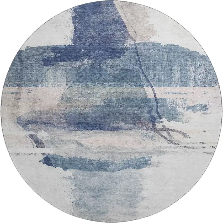 8' Blue And Ivory Abstract Washable Round Rug With UV Protection Photo 1
