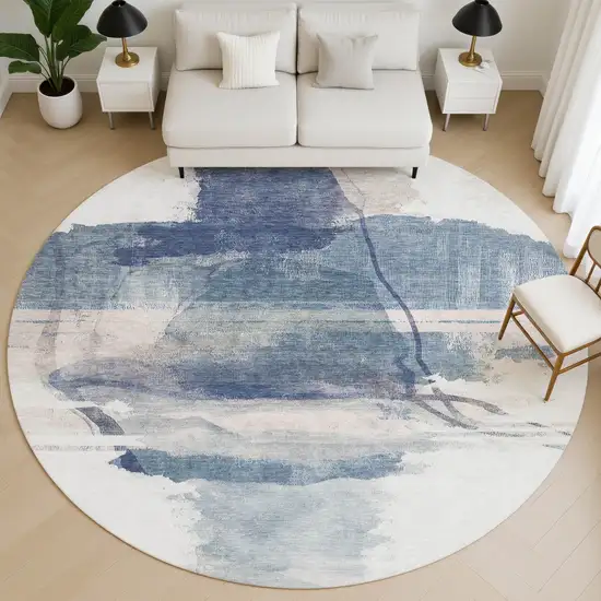 8' Blue And Ivory Abstract Washable Round Rug With UV Protection Photo 5