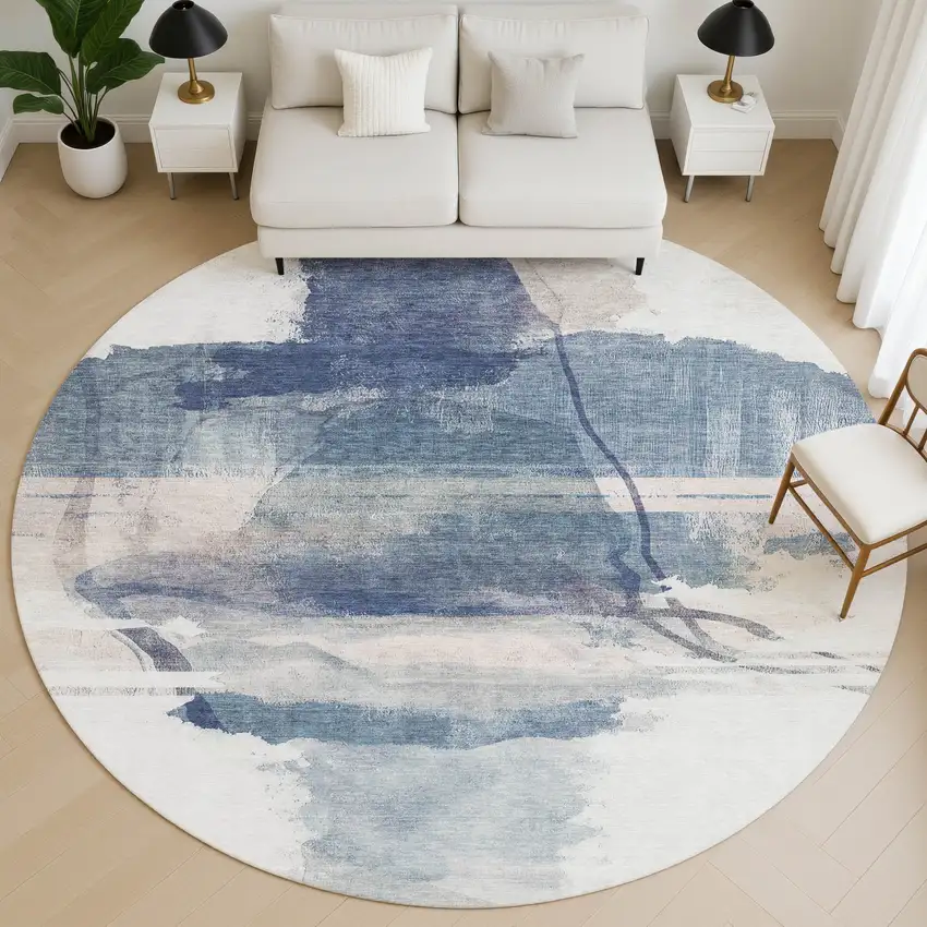 8' Blue And Ivory Abstract Washable Round Rug With UV Protection Photo 5