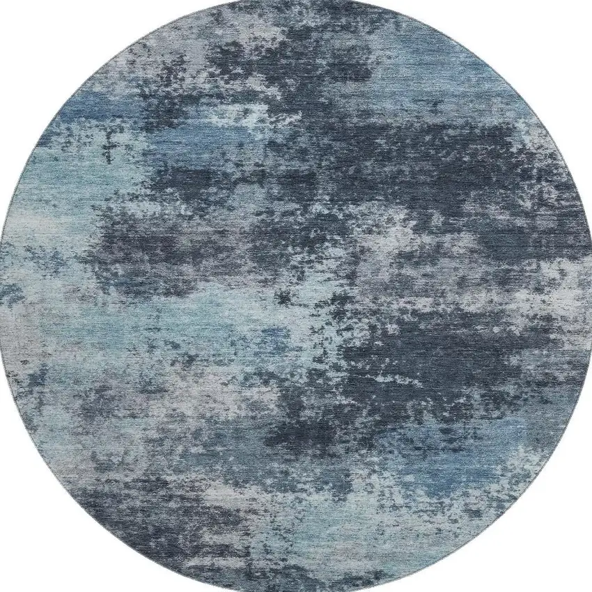 8' Blue And Ivory Abstract Washable Round Rug With UV Protection Photo 4