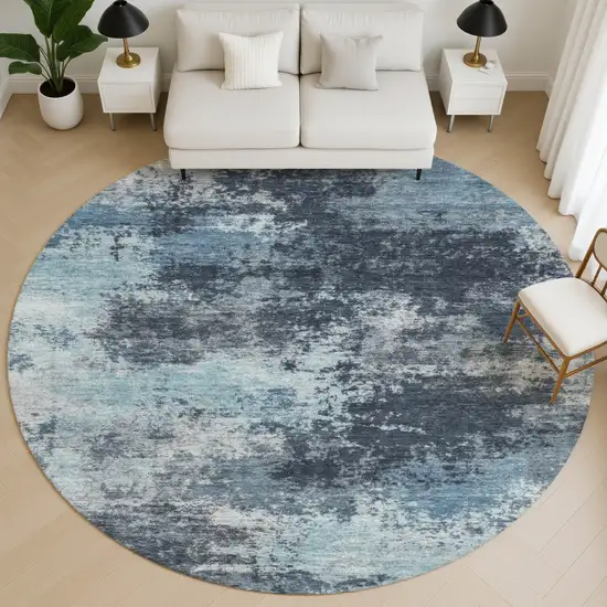 8' Blue And Ivory Abstract Washable Round Rug With UV Protection Photo 5