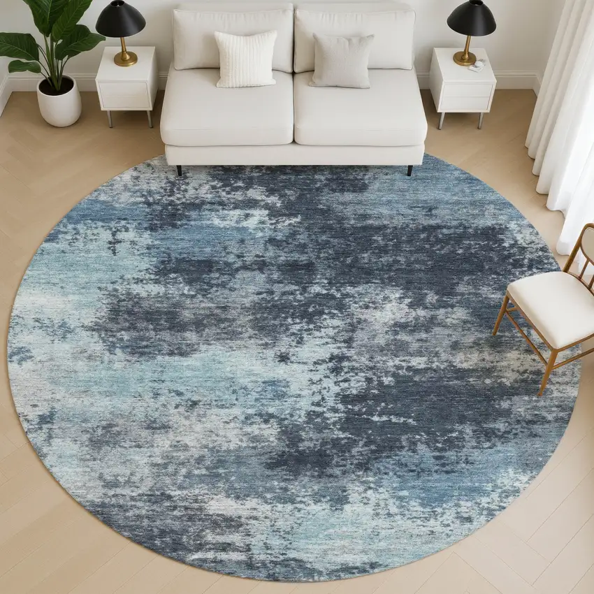 8' Blue And Ivory Abstract Washable Round Rug With UV Protection Photo 5