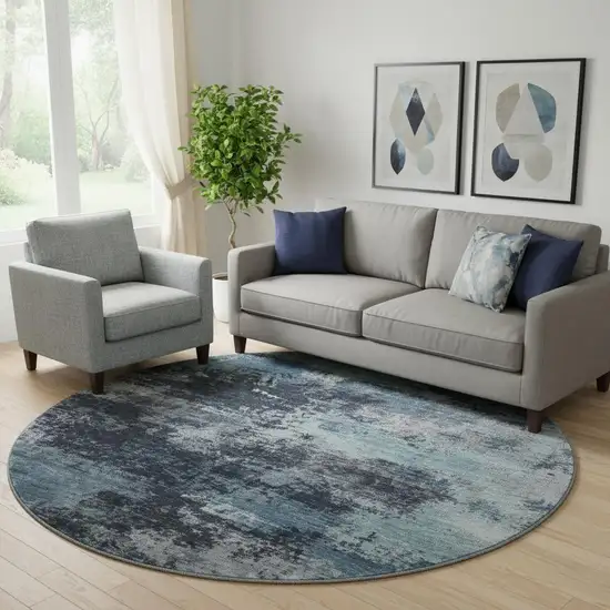 8' Blue And Ivory Abstract Washable Round Rug With UV Protection Photo 2