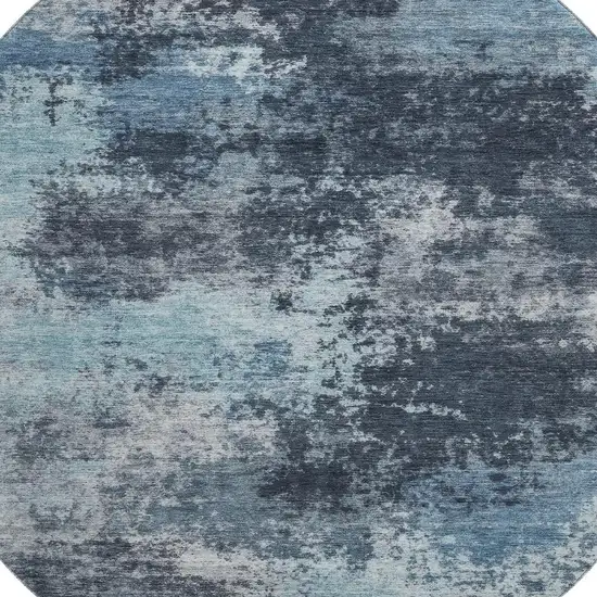 8' Blue And Ivory Abstract Washable Round Rug With UV Protection Photo 3