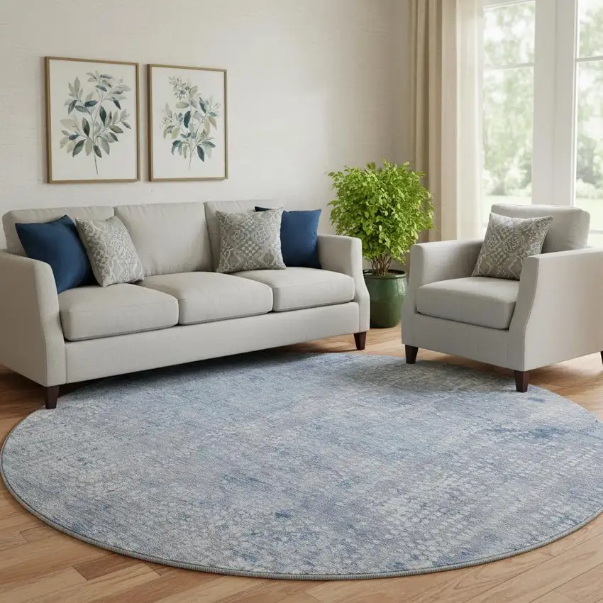 8' Blue And Ivory Abstract Washable Round Rug With UV Protection Photo 1