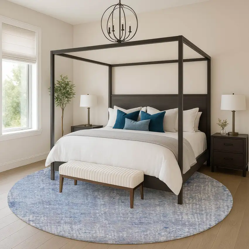 8' Blue And Ivory Abstract Washable Round Rug With UV Protection Photo 5