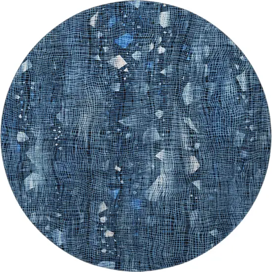 8' Blue And Ivory Abstract Washable Round Rug With UV Protection Photo 4