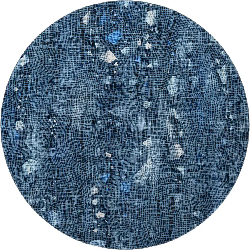 8' Blue And Ivory Abstract Washable Round Rug With UV Protection Photo 4