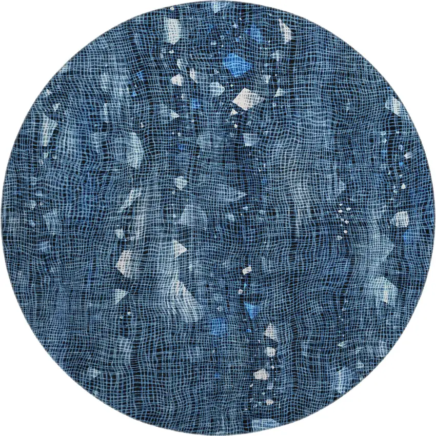 8' Blue And Ivory Abstract Washable Round Rug With UV Protection Photo 1