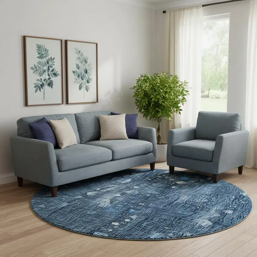 8' Blue And Ivory Abstract Washable Round Rug With UV Protection Photo 2