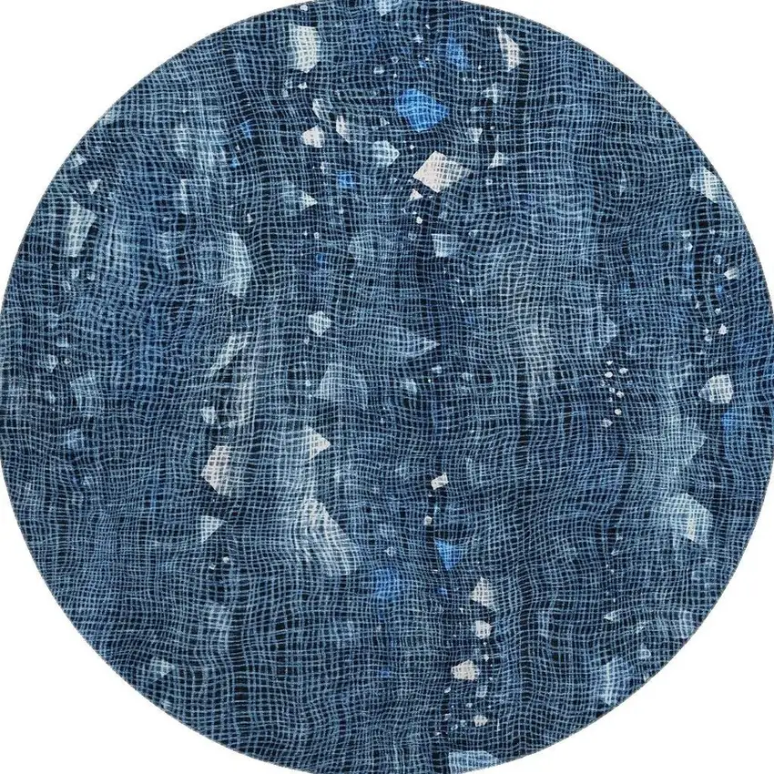 8' Blue And Ivory Abstract Washable Round Rug With UV Protection Photo 3