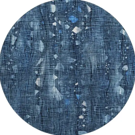 8' Blue And Ivory Abstract Washable Round Rug With UV Protection Photo 3