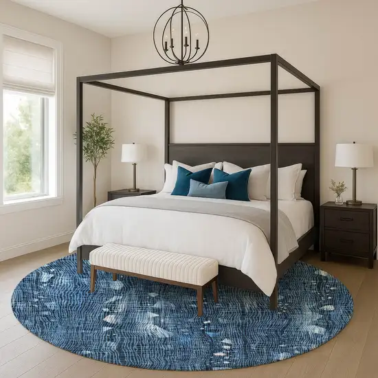 8' Blue And Ivory Abstract Washable Round Rug With UV Protection Photo 5