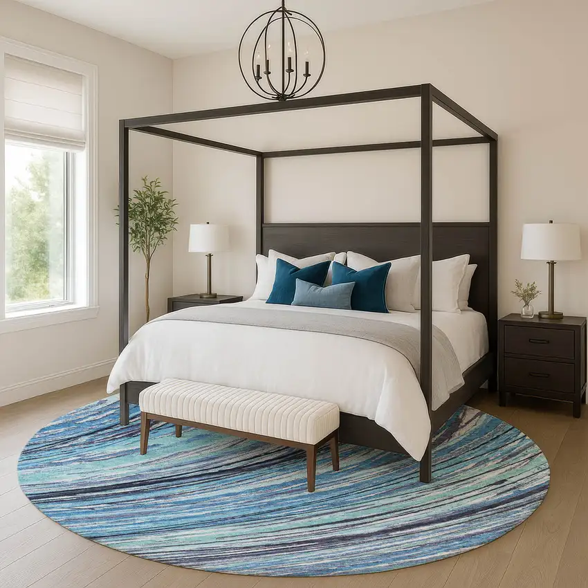 8' Blue And Ivory Abstract Washable Round Rug With UV Protection Photo 5