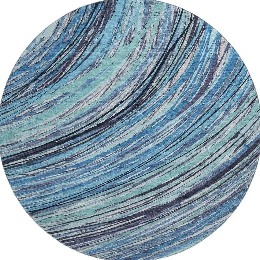 8' Blue And Ivory Abstract Washable Round Rug With UV Protection Photo 4