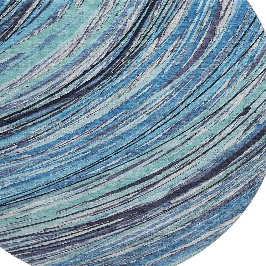 8' Blue And Ivory Abstract Washable Round Rug With UV Protection Photo 3