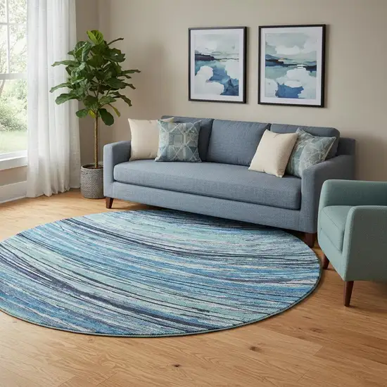 8' Blue And Ivory Abstract Washable Round Rug With UV Protection Photo 2