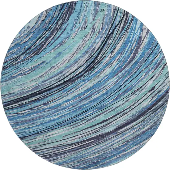 8' Blue And Ivory Abstract Washable Round Rug With UV Protection Photo 1