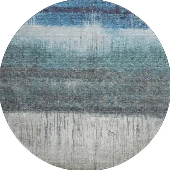 8' Blue And Ivory Abstract Washable Round Rug With UV Protection Photo 3