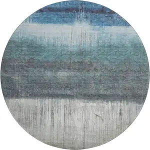 Photo of 8' Blue And Ivory Abstract Washable Round Rug With UV Protection