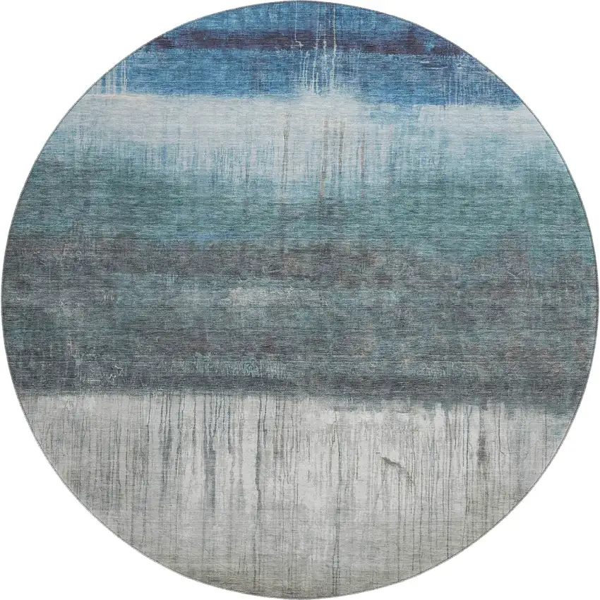 8' Blue And Ivory Abstract Washable Round Rug With UV Protection Photo 1
