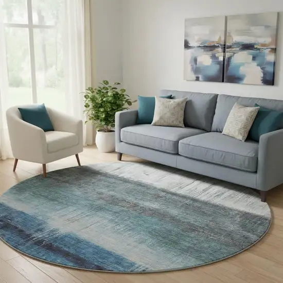8' Blue And Ivory Abstract Washable Round Rug With UV Protection Photo 2