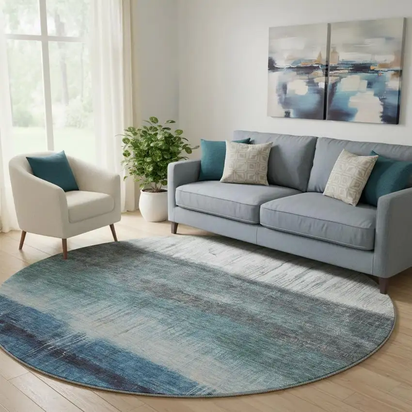 8' Blue And Ivory Abstract Washable Round Rug With UV Protection Photo 2