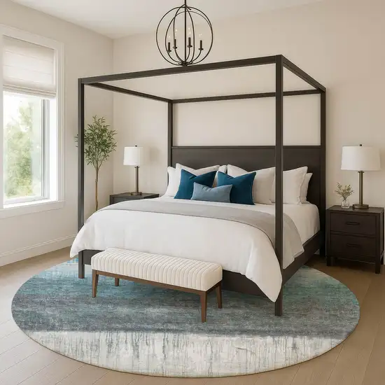 8' Blue And Ivory Abstract Washable Round Rug With UV Protection Photo 4