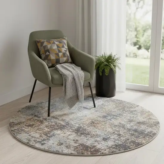 5' Blue And Ivory Abstract Washable Round Rug Photo 1