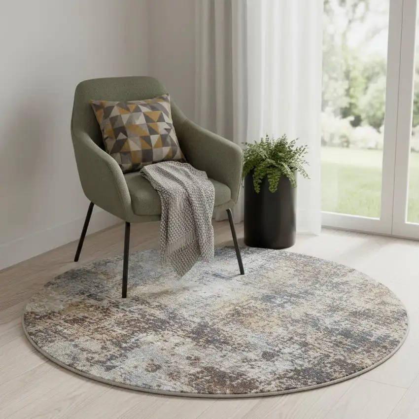 5' Blue And Ivory Abstract Washable Round Rug Photo 1