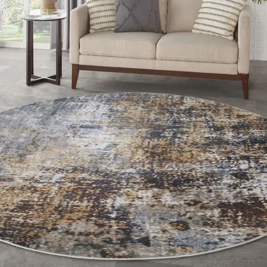 5' Blue And Ivory Abstract Washable Round Rug Photo 5