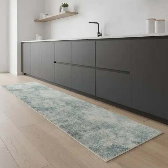 8' Blue And Ivory Abstract Washable Runner Rug Photo 1