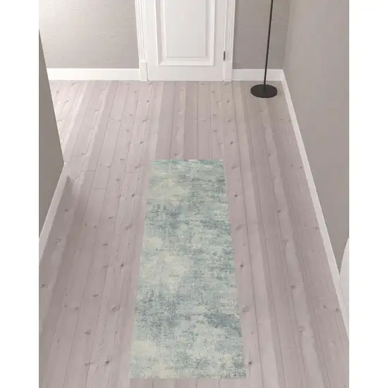 8' Blue And Ivory Abstract Washable Runner Rug Photo 1