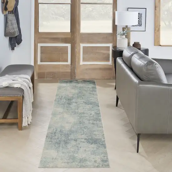 8' Blue And Ivory Abstract Washable Runner Rug Photo 5