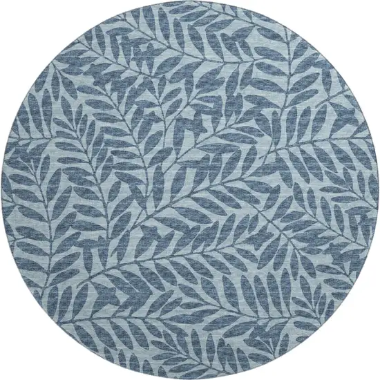 8' Blue And Ivory Botanical Leaves Washable Round Rug With UV Protection Photo 2