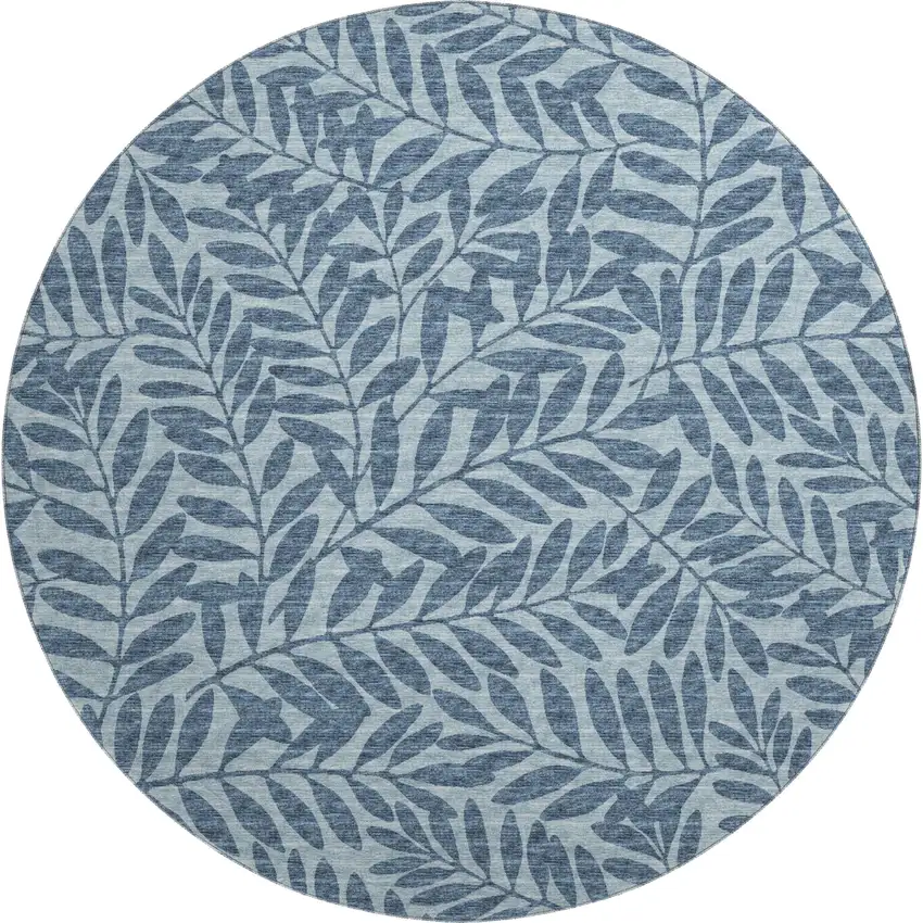 8' Blue And Ivory Botanical Leaves Washable Round Rug With UV Protection Photo 2