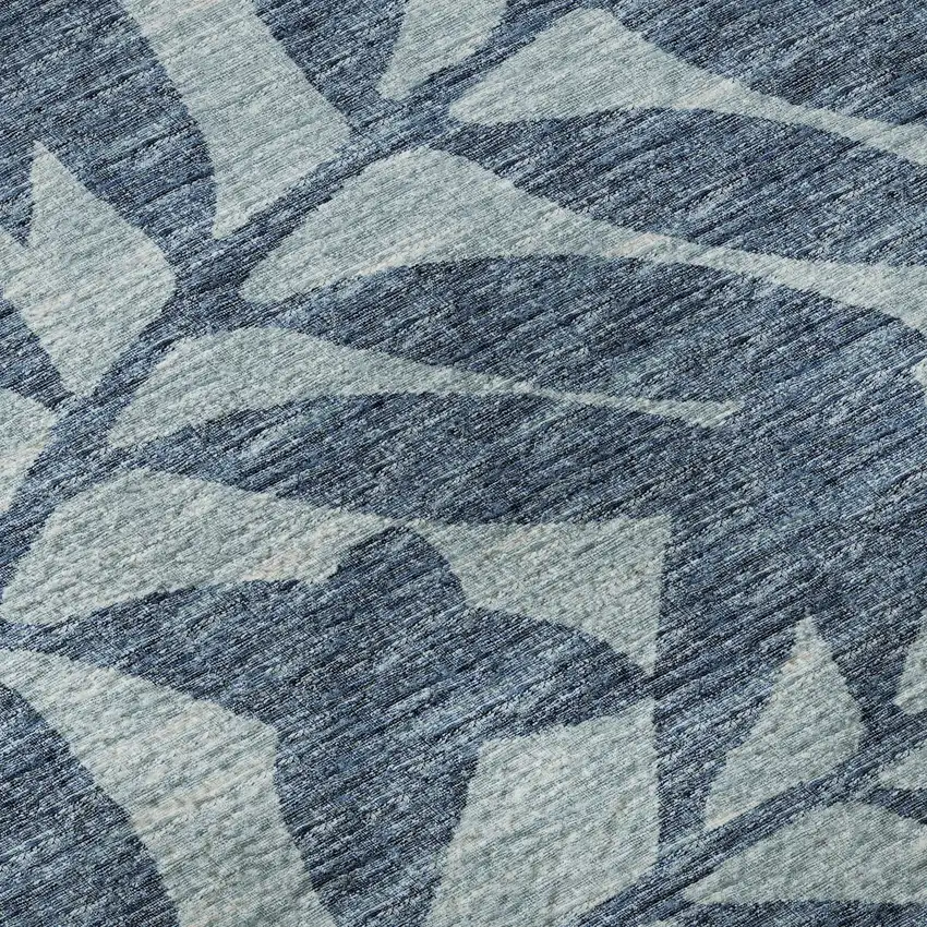 8' Blue And Ivory Botanical Leaves Washable Round Rug With UV Protection Photo 8