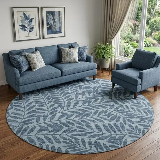 8' Blue And Ivory Botanical Leaves Washable Round Rug With UV Protection Photo 1